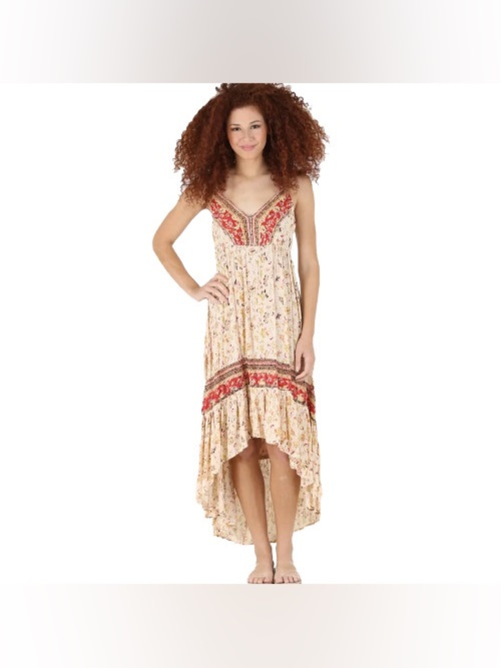 Angie Boho Floral High-Low Maxi Dress in Cream and Red